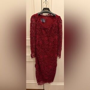 Monique Lhuillier Burgundy Lace Long Sleeve Dress